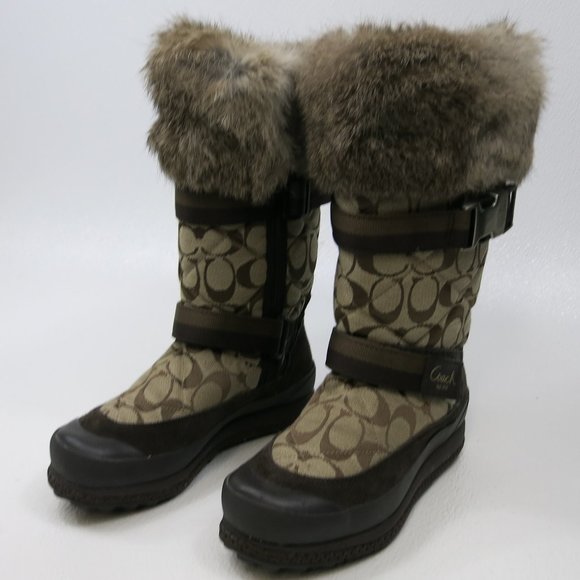 Coach Signature Mariette Fur Trim Canvas Boots Size 5.5 M - Picture 1 of 9